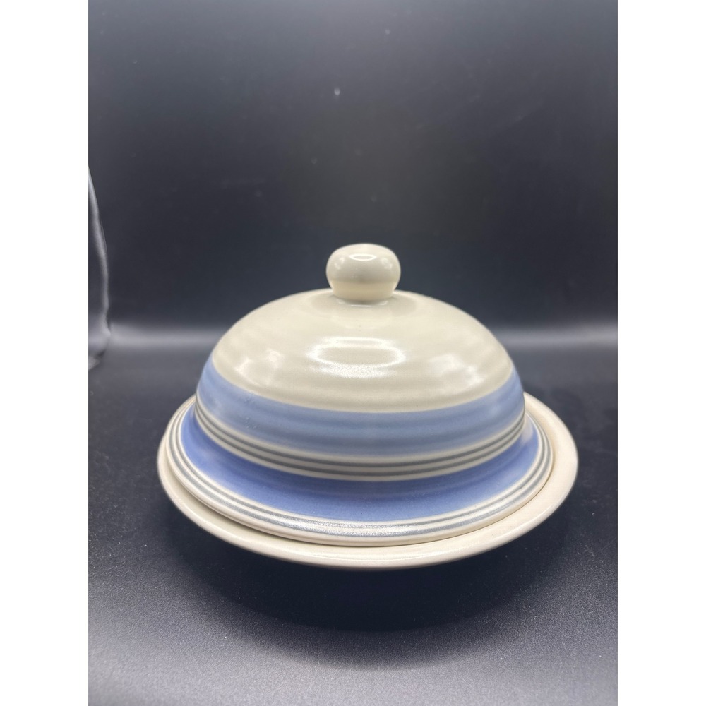 Pfaltzgraff Ocean Breeze Round Butter Dish Stoneware Blue White Domed Lid 2pc